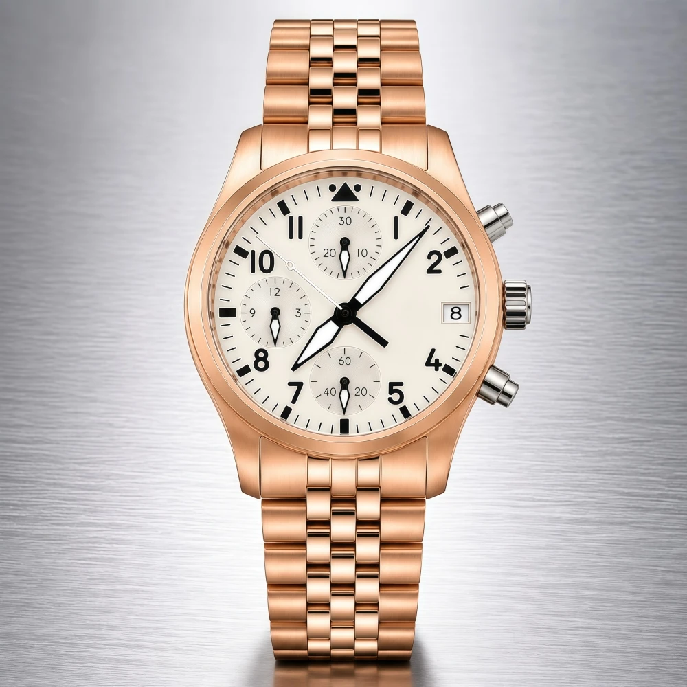 

LARIMOKER 38mm Pilot Chronograph Watch VK67 Meca-Quartz Matte Rose Gold Stainless Steel Case Sapphire Crystal Luminous Date