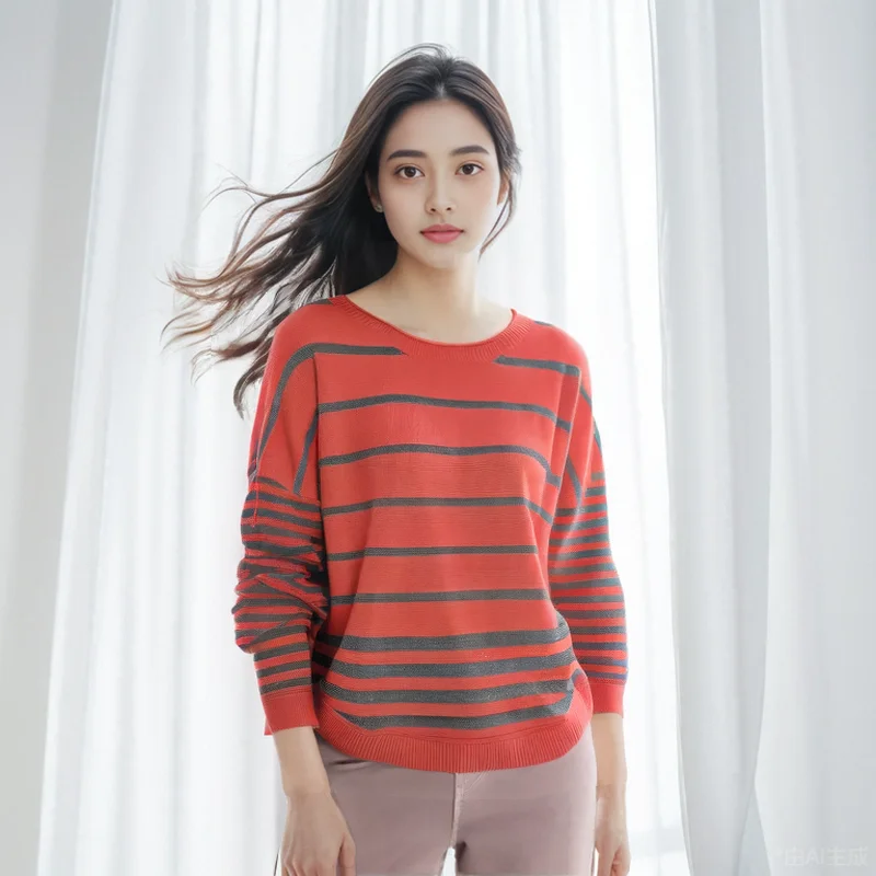 

Women Loose Split Stripe Sweater O Neck Long Sleeve Knit Pullover Female Single Breasted Knit Top Coat Ladies Jacket