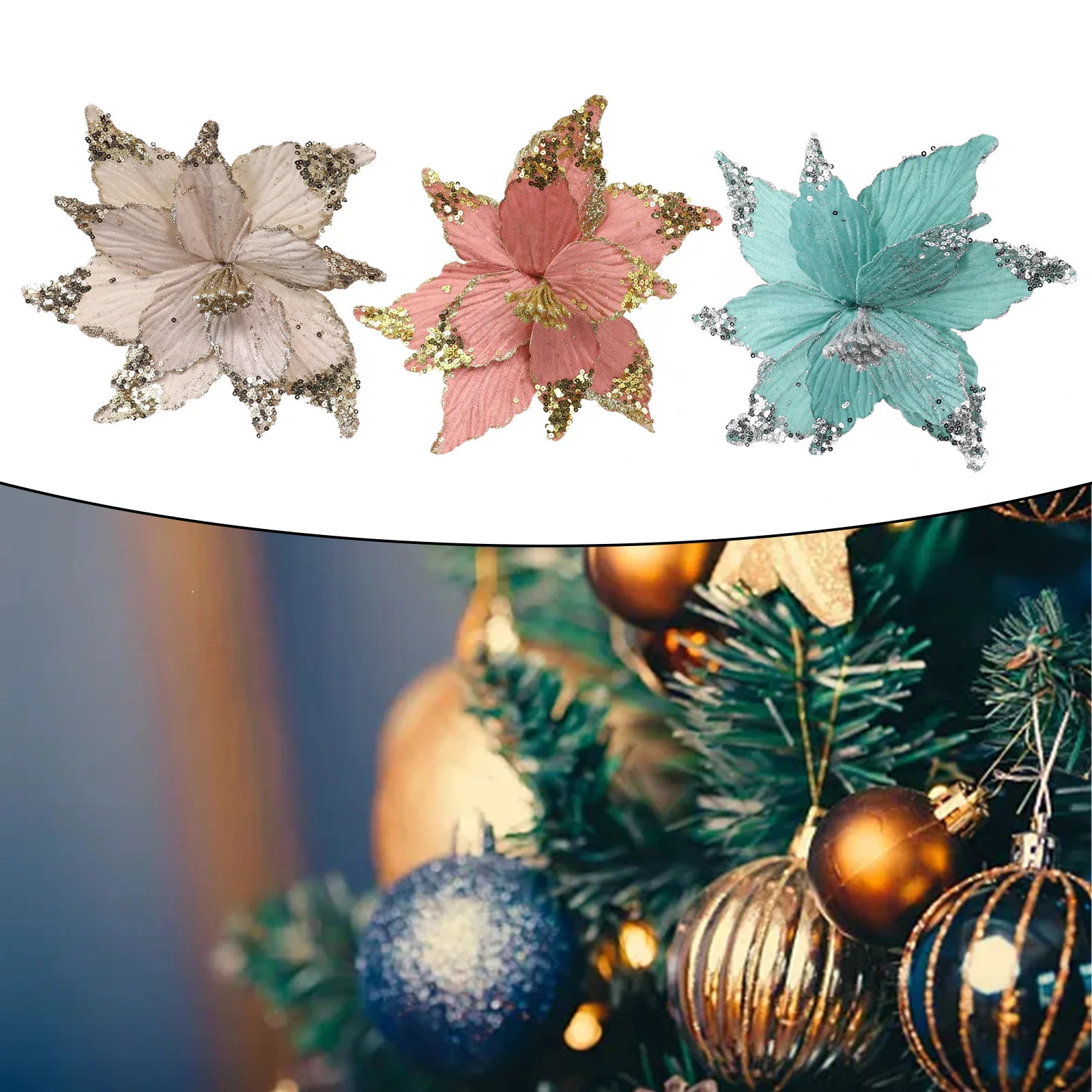 25cm Christmas Poinsettia Glitter Flower Hanging  Christmas Tree Ornaments Xmas Party Tree Decoration Christmas Goods