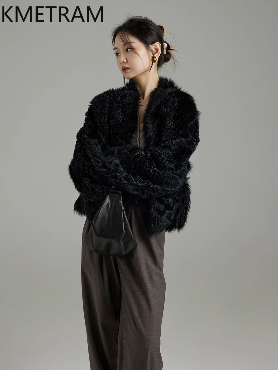 KMETRAM 100% 天然トスカーナウールシープスキン両面ファー ジャケット レディース ブラック ショートリアルファー 女性用冬服 2025 шуба