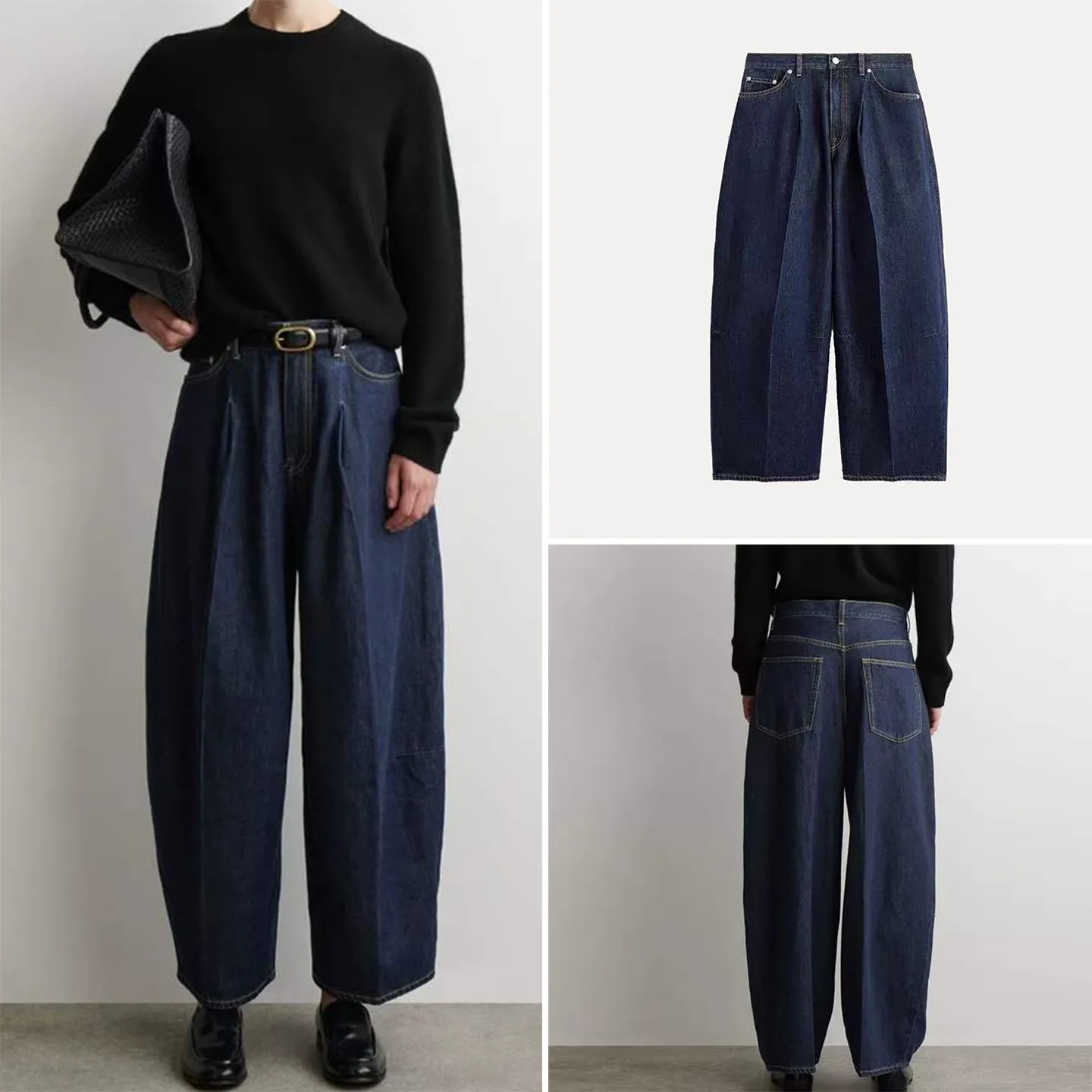

Fashionable Bucket-Shape Jeans Women's Spring New Arrival Loose Fit Natural Waist Folded Hem Button Closure Casual Denim