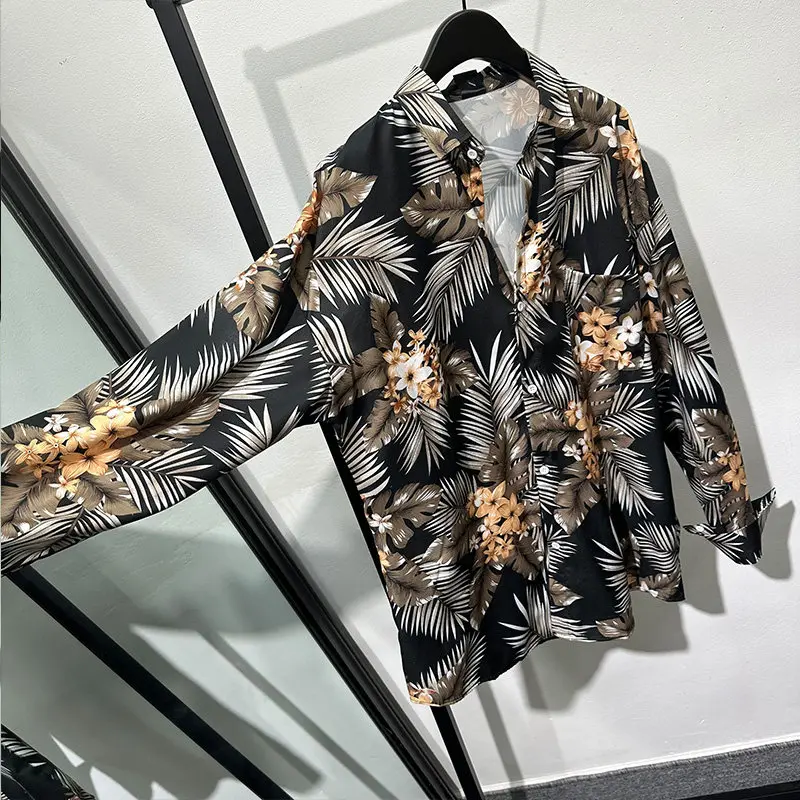 Fashion Summer Vintage Leaves Printed Cold Style Long-Sleeved Shirt Non-Ironing High-Grade Top Thin