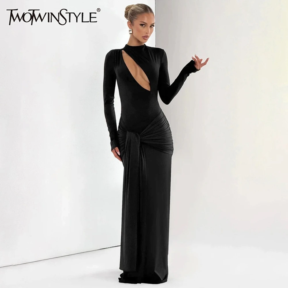 TWOTWINSTYLE, vestido recortado para chica, cuello medio alto, manga larga, adelgazante, Patchwork, vendaje, vestidos sexis para discoteca para mujer