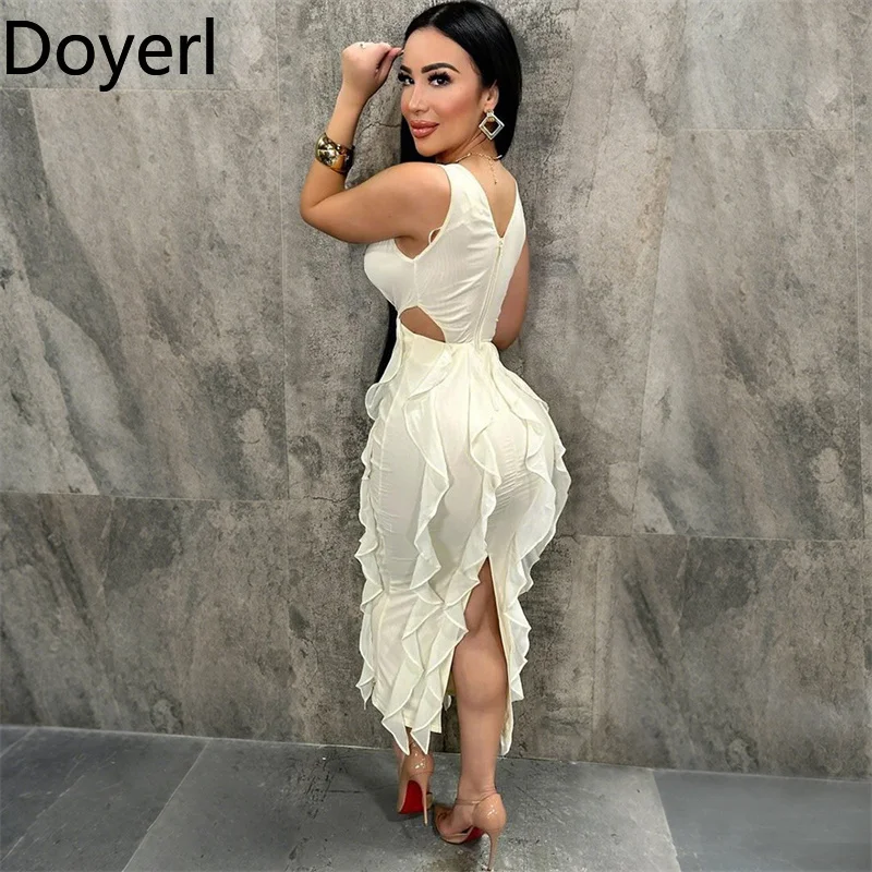 Doyerl Elegante abito lungo aderente scollato da donna Club Wear Canotta da festa senza maniche con scollo a V Guaina con volant Abiti lunghi di mezzanotte