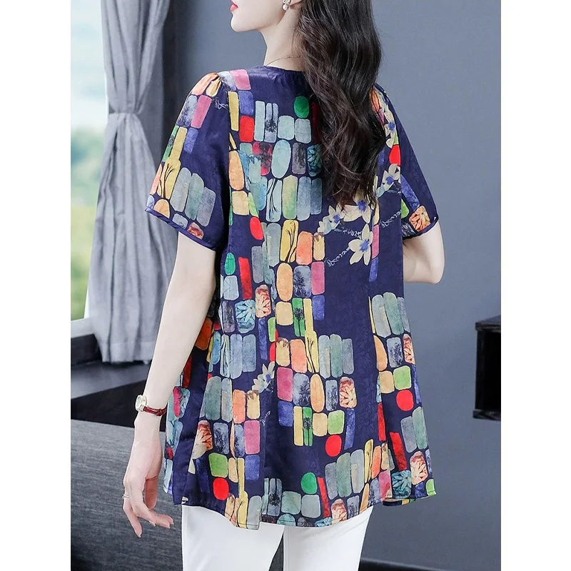 2023 New Summer Elegant Retro Art Round Neck Panel Buckle Ethnic Style Casual Loose Versatile Oversize Mid Length Shirt