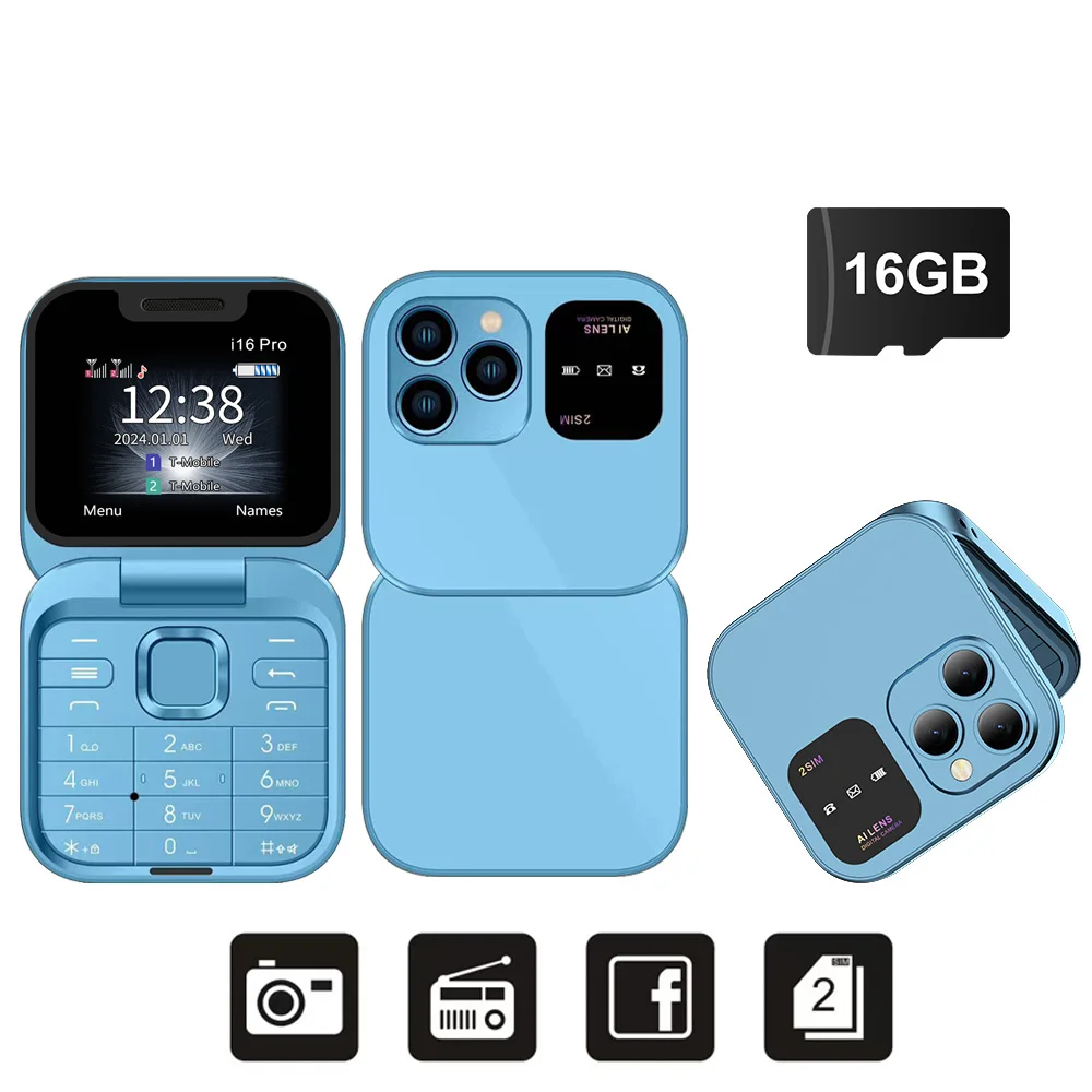 SERVO I16PRO 2G GSM Dual-SIM Klapp-Minihandy mit Automatischer Anrufaufzeichnung, Kurzwahl, Magischer Stimme, UKW-Radio, Kleines Faltbares Telefon mit Typ-C-Anschluss