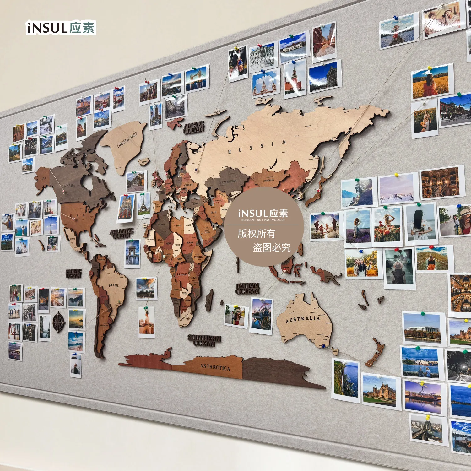 Map, travel record wall, wooden 3D map, felt board, photo, wall DIY footprint