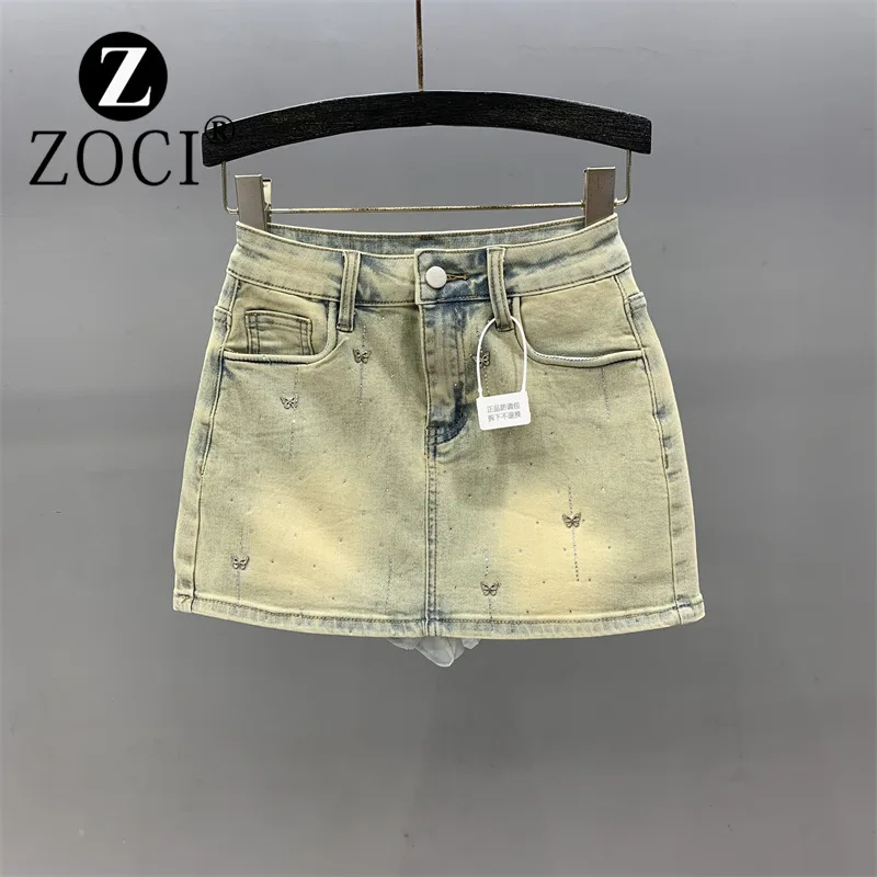 [ZOCI] Nostalgic Light Blue High Waisted Tight Fitting Bag Buttocks Rhinestone Denim Short Skirt Summer Wear New Styles