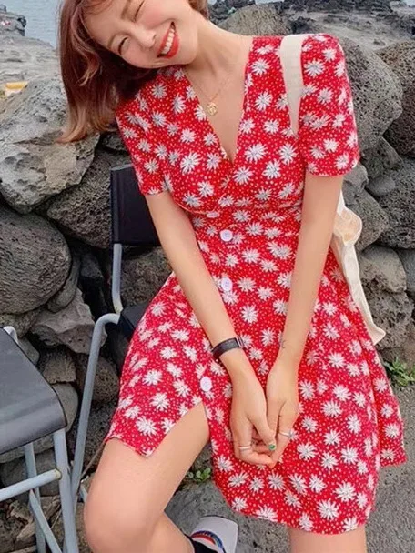 동대문 V넥 플로럴 프린트 버블 소매 드레스 출퇴근룩 반팔 여성 원피스 중국풍 여름 2025