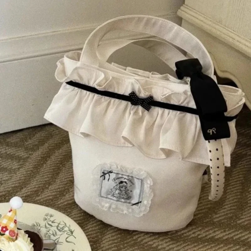 

Y2K Bow Lace Polka Dot Tote Bag Women's Handbag Swan Dream Lace Bucket Portable Storage Diagonal High-capacity Cross Bag New