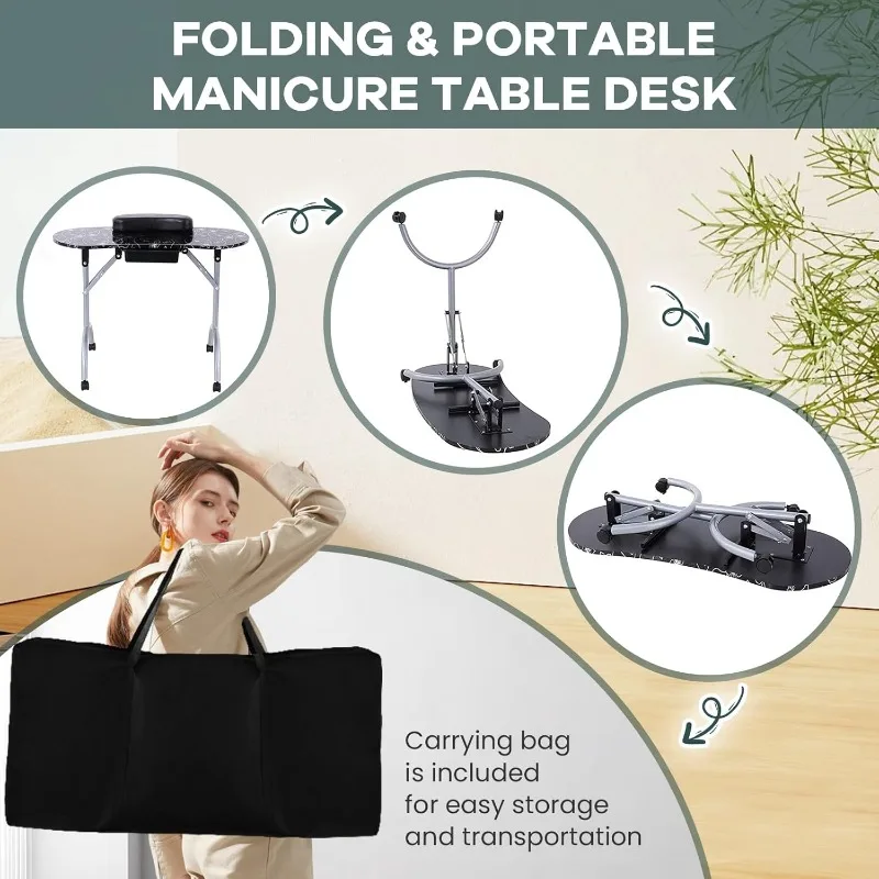 Nail Table-  Portable Manicure Tables with Carrying Bag, Salon Station Foldable Nail Desk with Large Drawer