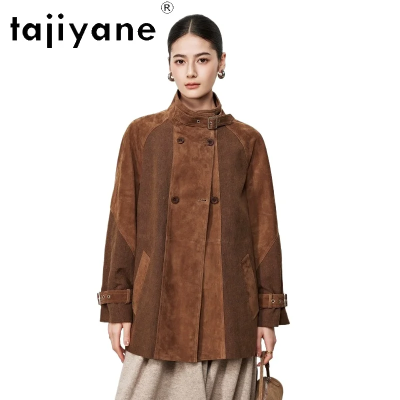 TAJIYANE Genuine Leather Jacket Woman Loose Leather Trench Coat Mixed Goatskin Suede Jackets for Woman Mid Length Outerwear 자켓