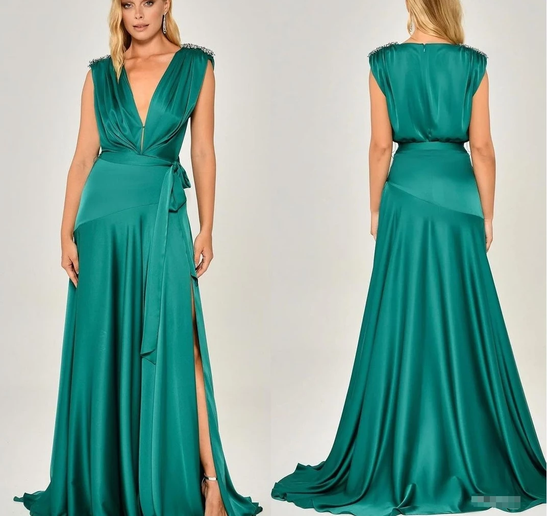 

A Line V Neck Evening Dresses with Sweep Train Party Wear Dress vestidos de noche for Women