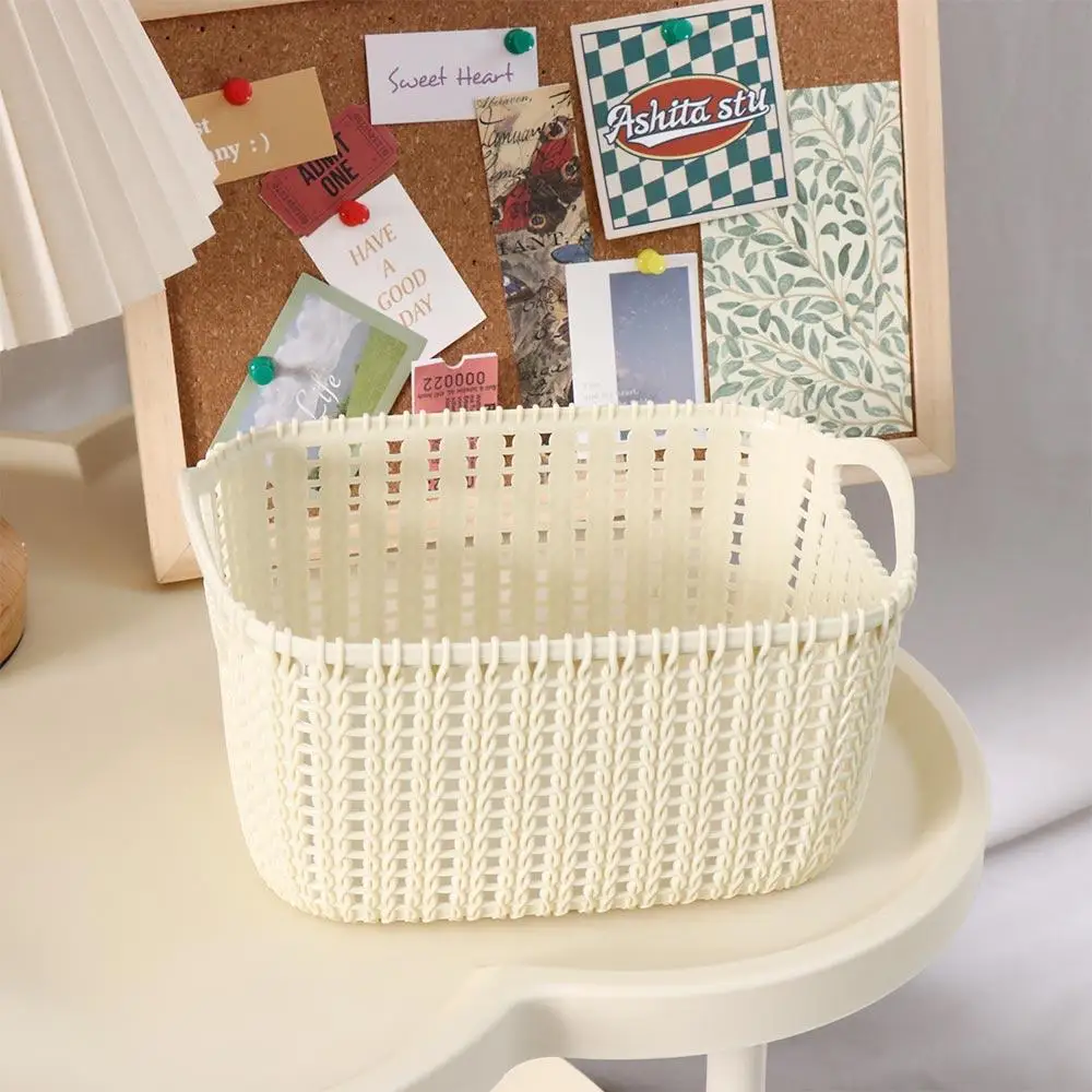 Plastic Imitation Rattan Storage Basket Lightweight Handheld Cosmetics Storage Box Space-Saving Uncovered with Handles