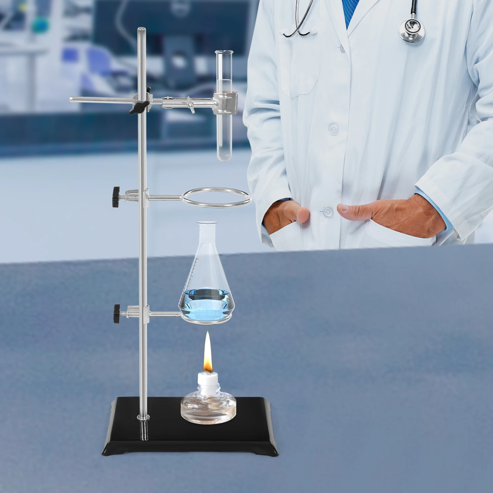 Lab Stand Support Laboratory Retort Set Steel Lab Stand 21" Rod with Ring and Clamp, Adjustable Laboratory Support Stand