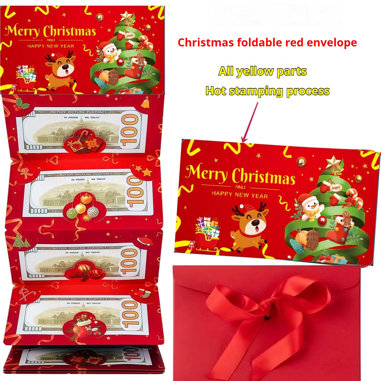 Enveloppe rouge en feuille d'or du père noël, 6 emplacements pour cartes, pliable, bricolage, cadeau de vacances créatif pour noël et nouvel an