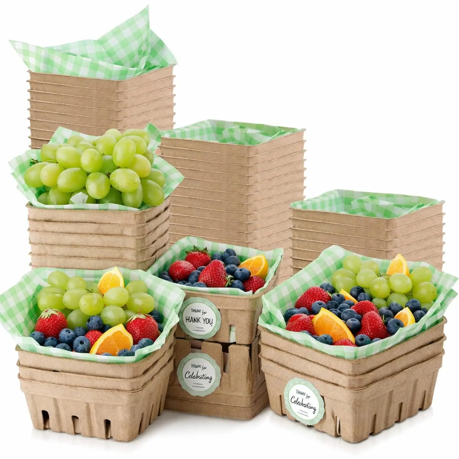 

50 наборов подарочных корзинок для душевых подарков на фермерском рынке: корзинки из натурального целлюлозного волокна, салфетки из восковой бумаги в клетку, наклейки «Спасибо»