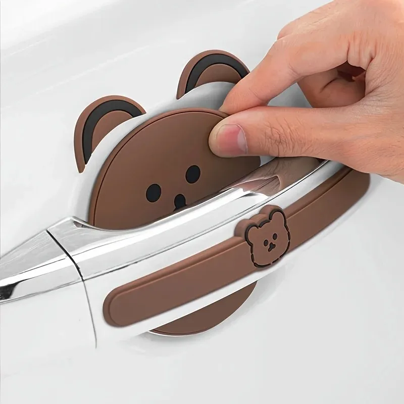 8pcs Cute Bear Silicone Car Door Handle Protector - Anti-Scratch & Collision Film, Brown Accents, Fits Various Models