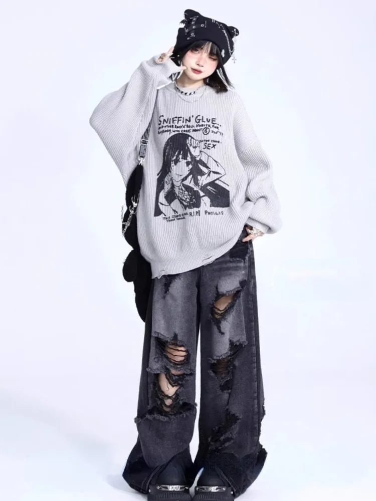 Oversized Harajuku Grunge Cartoon Jacquard Sweaters Streetwear Vintage Preppy Jumpers 2024 Women Y2k Aesthetic Casual Pullovers