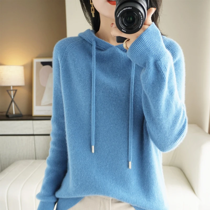 High Quality Cashmere Hoodie Women Loose Hooded Knitted Thick Cashmere Sweater Women