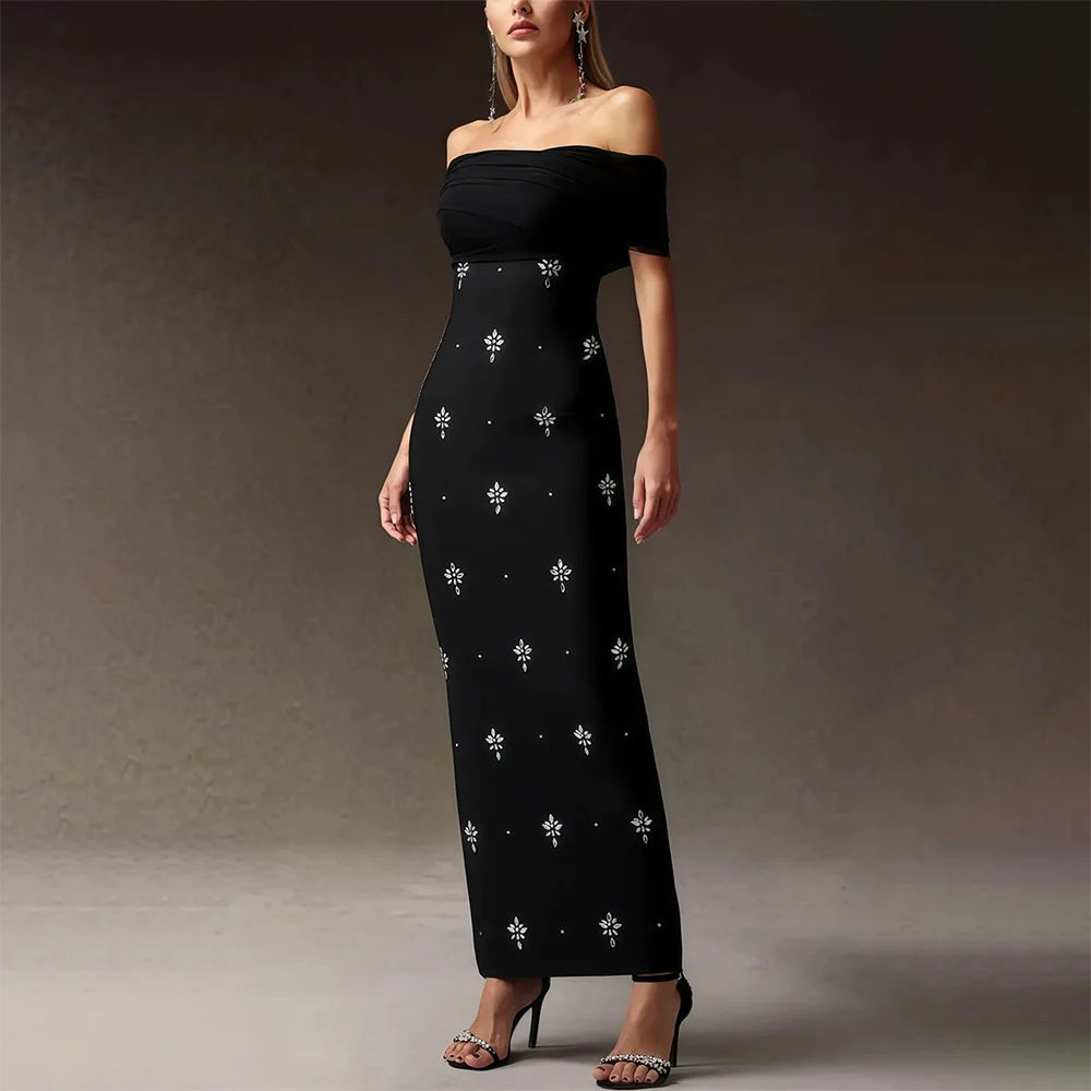 فستان حفلة موسيقية أسود قبالة الكتف قارب الرقبة الكاحل طول فستان الحفلات كريستال جيرسي مفتوح الظهر مستقيم فساتين السهرة حسب الطلب #3