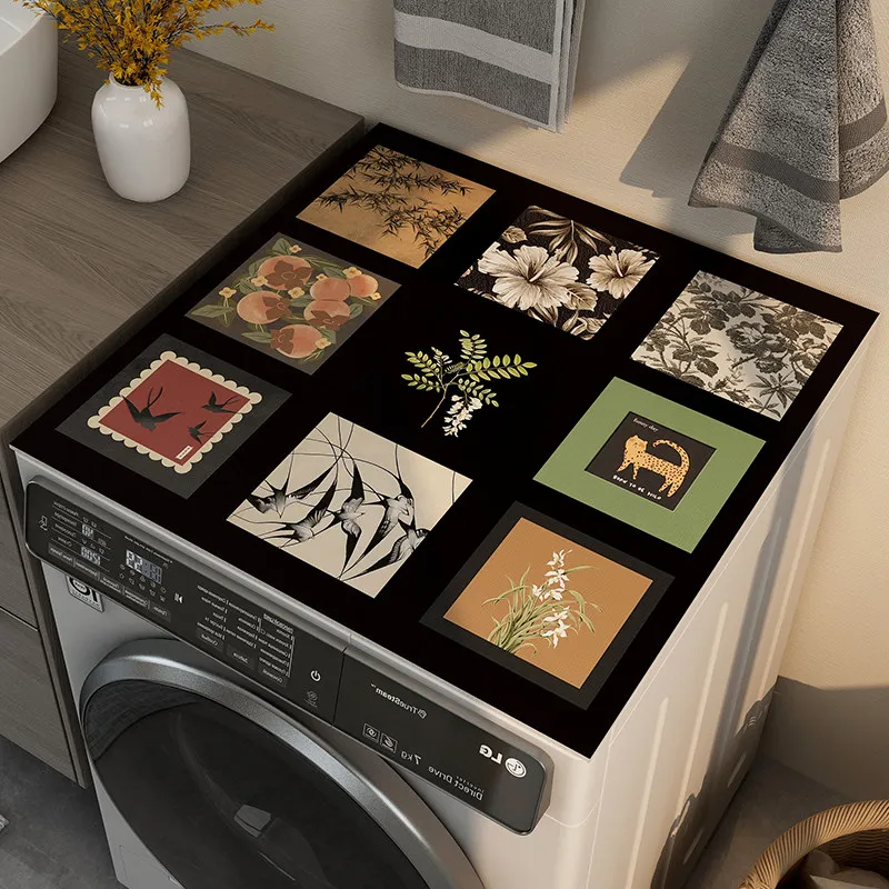 VIKAMA New Chinese Retro Painting Washing Machine Cover Pad Anti-Slip Drum Washing Machine Dust-Proof Pad Home Decoration Rug