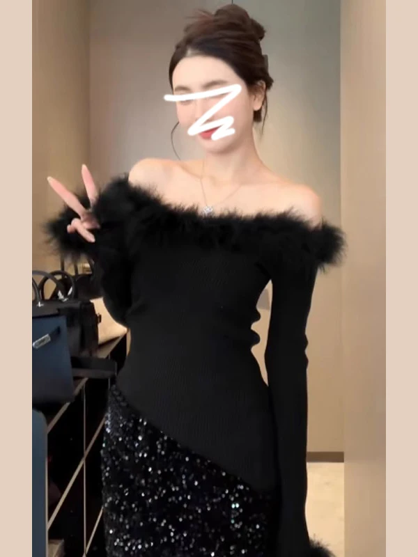 

Bla Асимметричный вязаный свитер с воротником, женский корейский модный облегающий зимний топ с потертостями