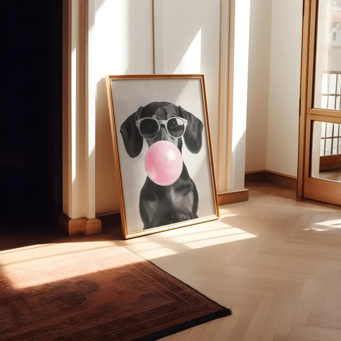 Dachshund Bubble Gum Wall Art: Funny Black Wiener Print, Trendy Doxie Poster, Pop Art Dog Portrait, Black & White Decor image 4