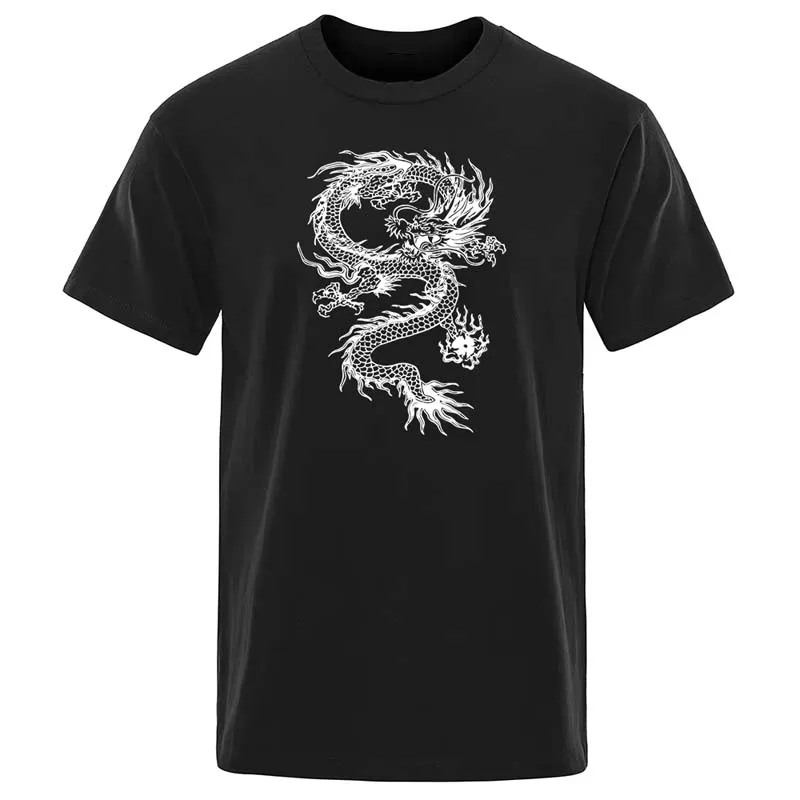 Chinesischer Stil Drachen-Print Herren T-Shirts Sommer Mode Atmungsaktive Lockere Baumwoll-Tops Lässige Harajuku Kurzarm-T-Shirts – Detail 3