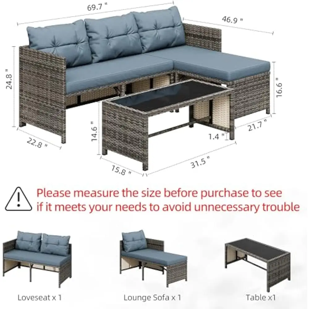 Set di mobili da giardino per esterni da 3 pezzi, set componibili da patio in vimini, divani da giardino in rattan con tavolino da caffè in vetro e cuscino