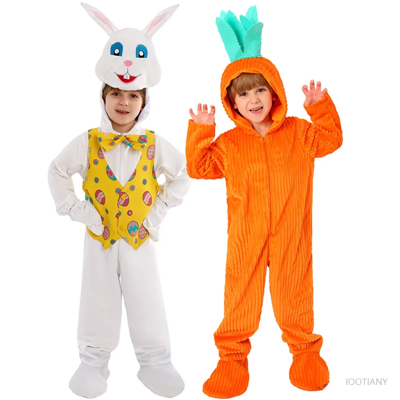 

2025 New Unisex Boys Carrot Hooded Bodysuit Halloween Costume Girls Children Easter Carnival Party Baby Cute Bunny Stage Costume