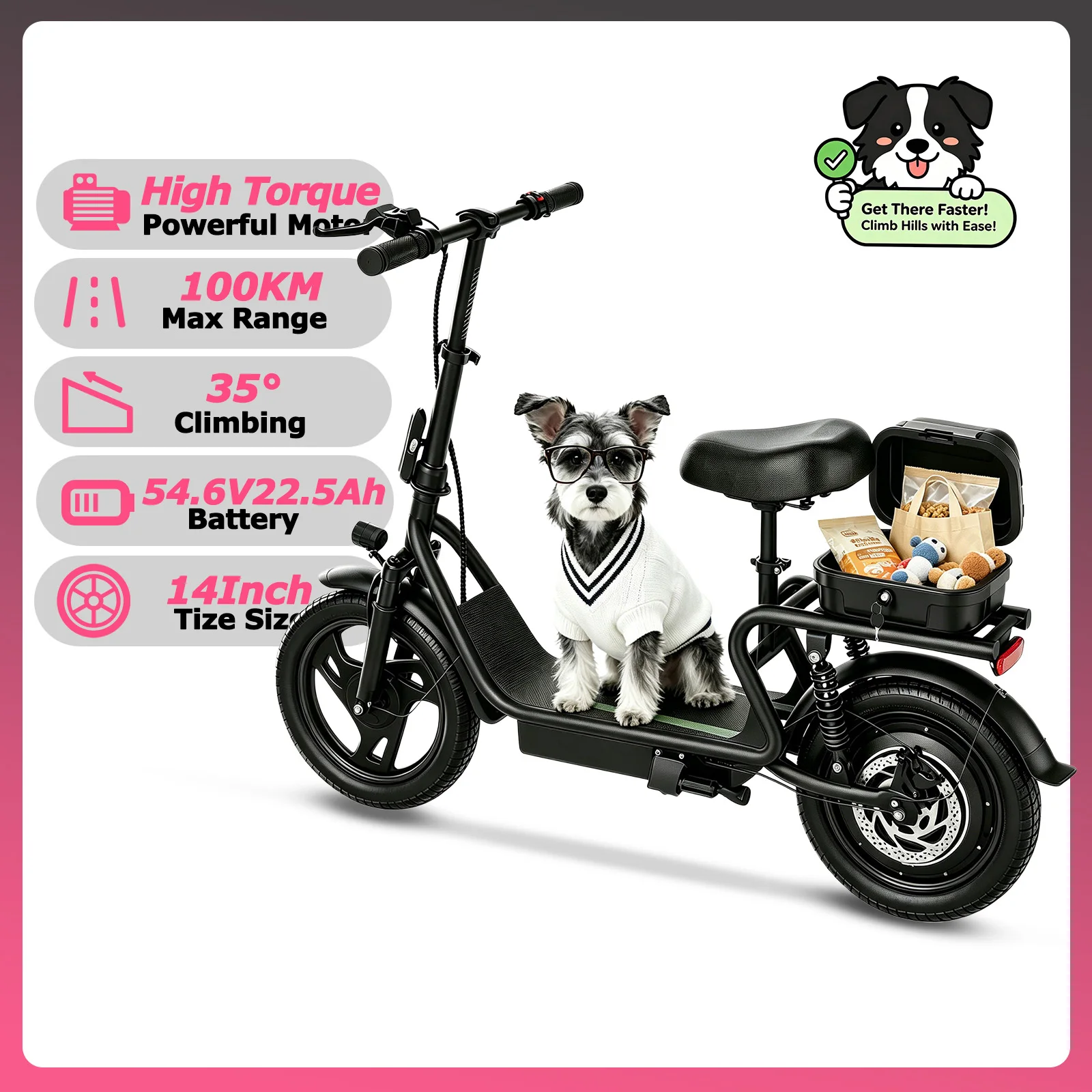 ATSANT EBS2 Ultra Elektrische Scooter voor Volwassenen, Hoge-Prestatie Motor met Zitje, 54.6V22.5Ah Hoge-Capaciteit Batterij, 100KM Lange Actieradius, 14 Inch Commuter E-Scooter met Opbergbox