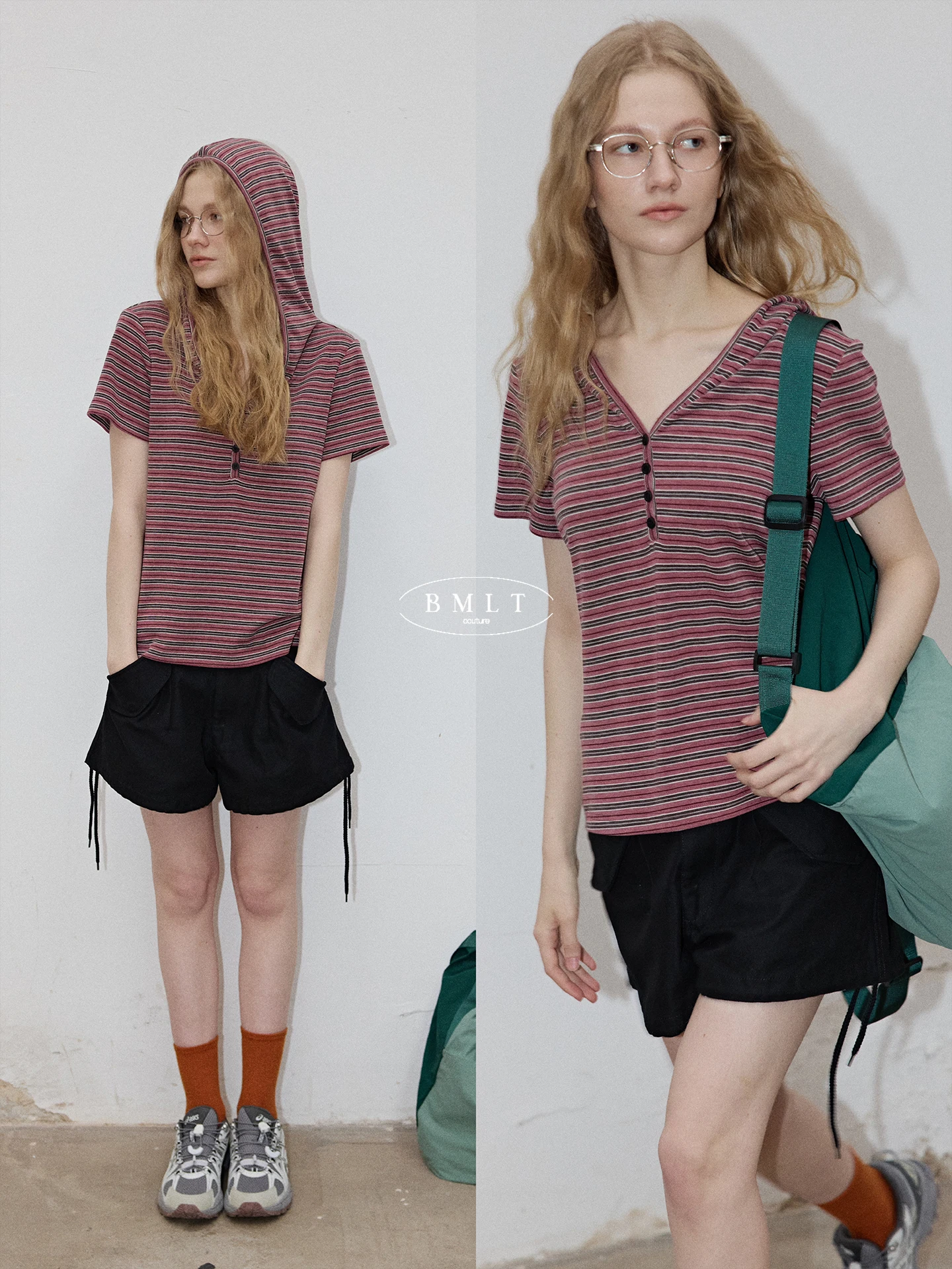 

Женская футболка BMLT Summer 2026: приталенная, в полоску, с капюшоном, тонкая, винтажная, свободного кроя, повседневный стиль, из полиэстера, с коротким рукавом