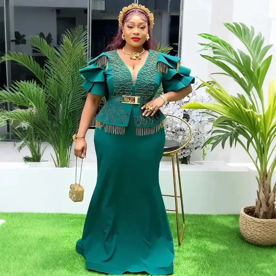 فساتين حفلات الزفاف الأفريقية الأنيقة المخصصة مقاس كبير للنساء للخريف الأفريقي برقبة على شكل حرف v فستان طويل ماكسي لعيد الميلاد Dre