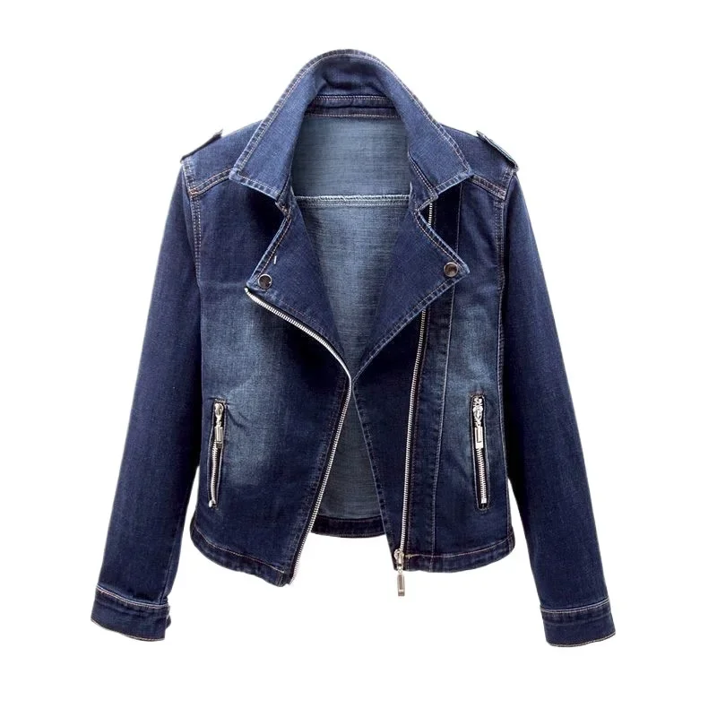 Women Denim Coat Short Coats Zipper Turn Down Collar Elegant Splice Open Stitch Jacket Full Sleeve Casual Jackets Autumn Spring