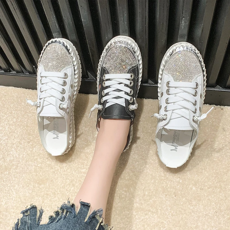 Dames Glanzende Water Diamant Schoenen Lente en Herfst Casual Sportschoenen Damesmode Platte Schoenen Veterschoenen Zapatos Mujer