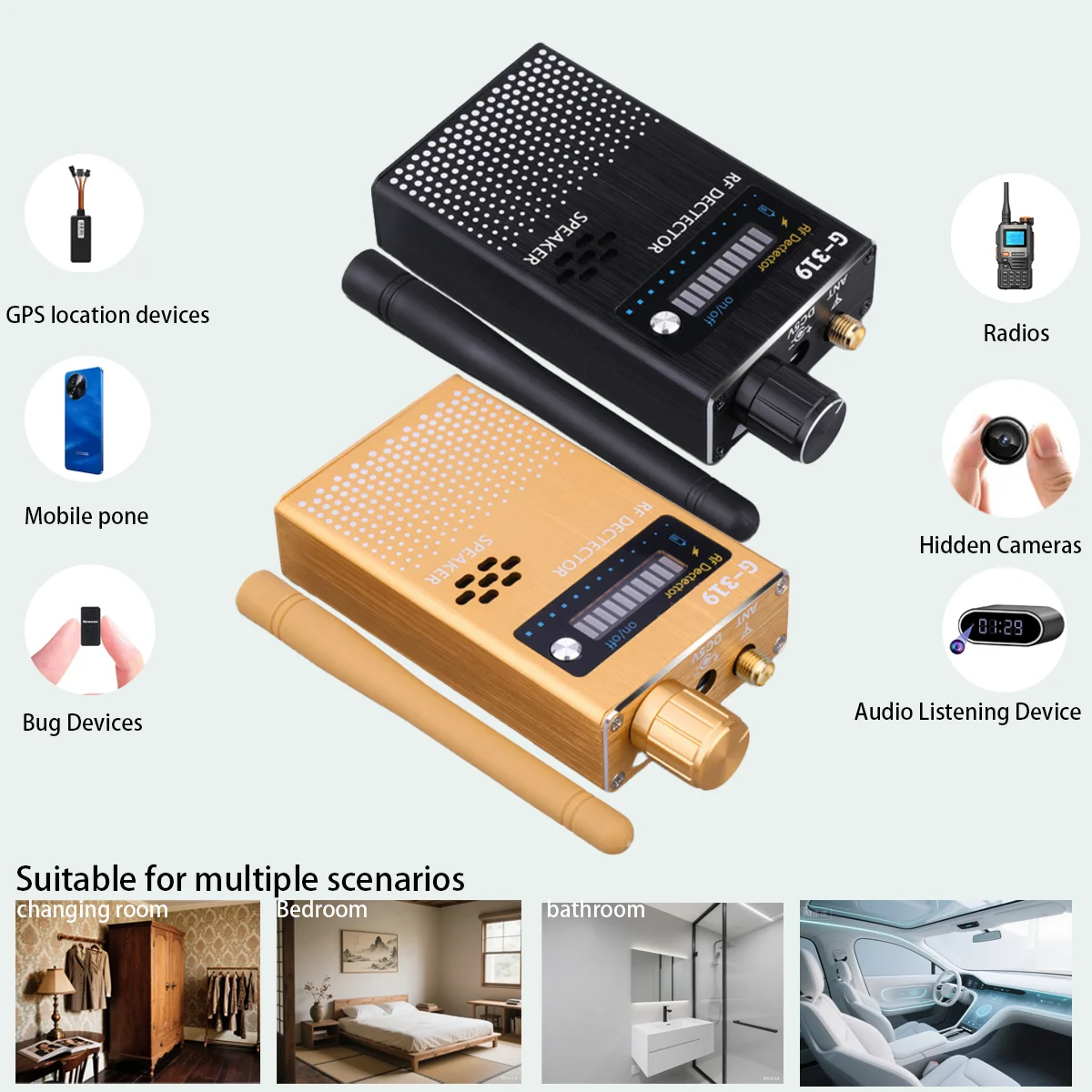 g319-pro-rf-検出器-アンチスパイバグ、gps-トラッカー、ホテル-旅行用の隠しカメラファインダー、cdma-4g-58ghz-信号アラーム、ブラック-ゴールド
