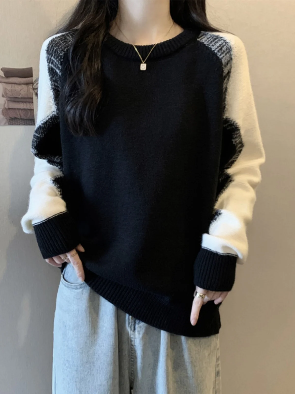 American Style Thickened Long Sleeve round Neck Knitwear Women's Spring Autumn plus Size Fashionable Top Casual Knitted Sweater