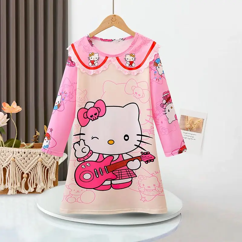 Sanrios-Chemise de nuit Kawaii Hello Kittile Kuromi Cinnamoroll pour enfants, robe à manches longues pour filles, col beurre, pyjama de style princesse