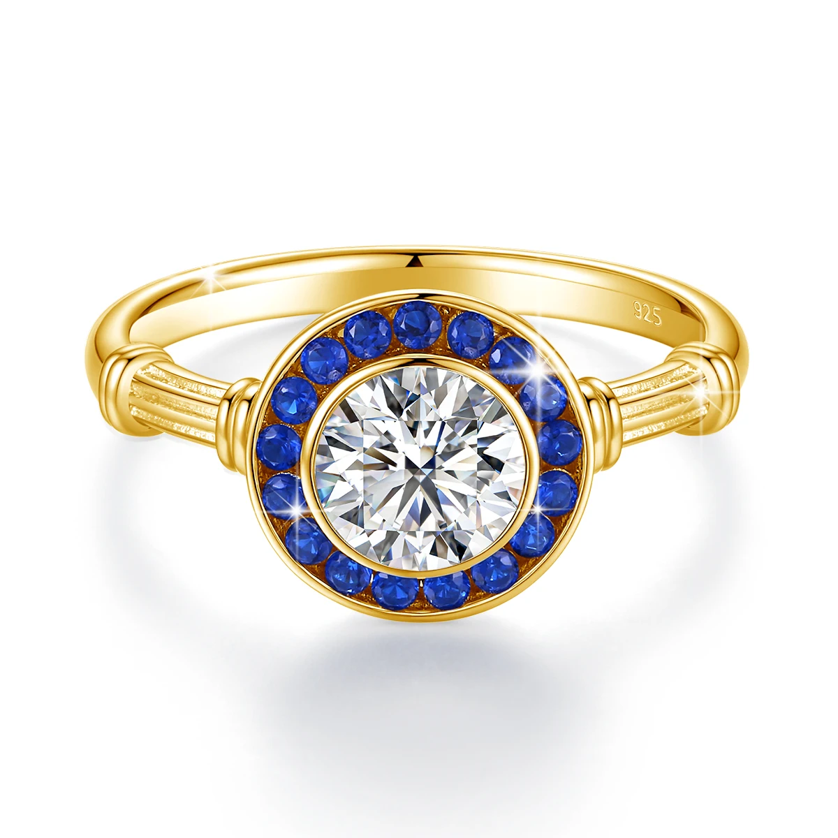 925 Silber Klassische Moissanit-Diamantringe für Damen, Luxuriöse Eingelegte Blaue Korund-Halo-Ringe für Hochzeit und Party – Detail 2
