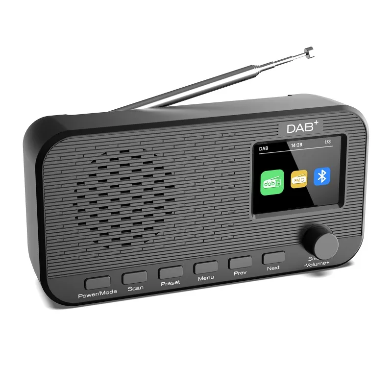 

Портативное цифровое радио DAB+ с FM, Bluetooth 5.0, цветным дисплеем, предустановленными станциями и телескопической антенной для дома и улицы