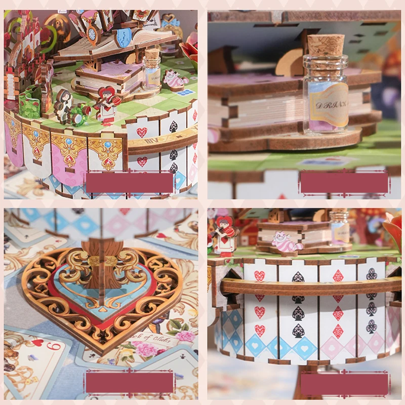 Alice Tea Party Music Box DIY Drewniane zestawy do budowania modeli puzzli 3D z obrotowym stołem Prezent księżniczki dla dziewczynek na urodziny