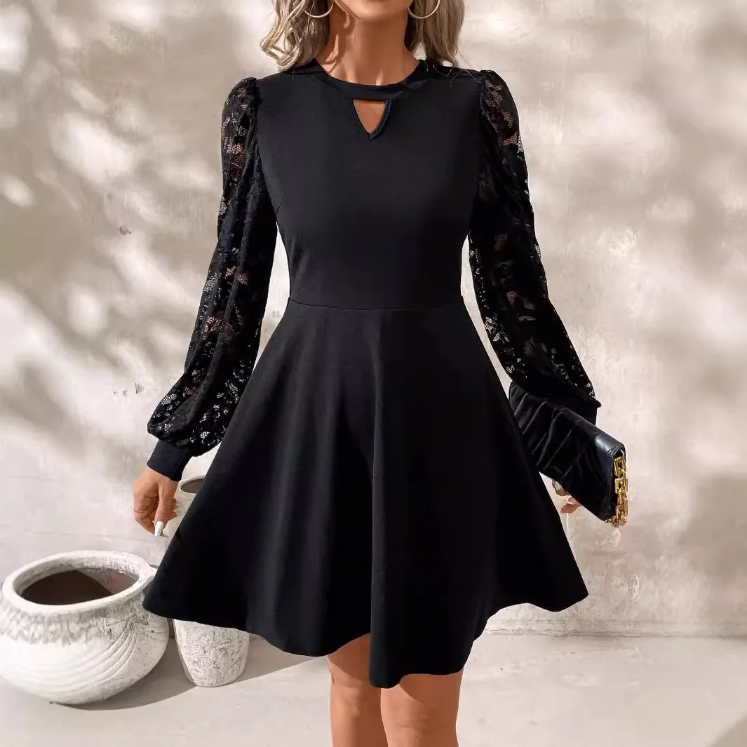 

European And American New Elegant Women's Black Crew Neck Lace Splicing Long Sleeve Slim Horn Hem Dress