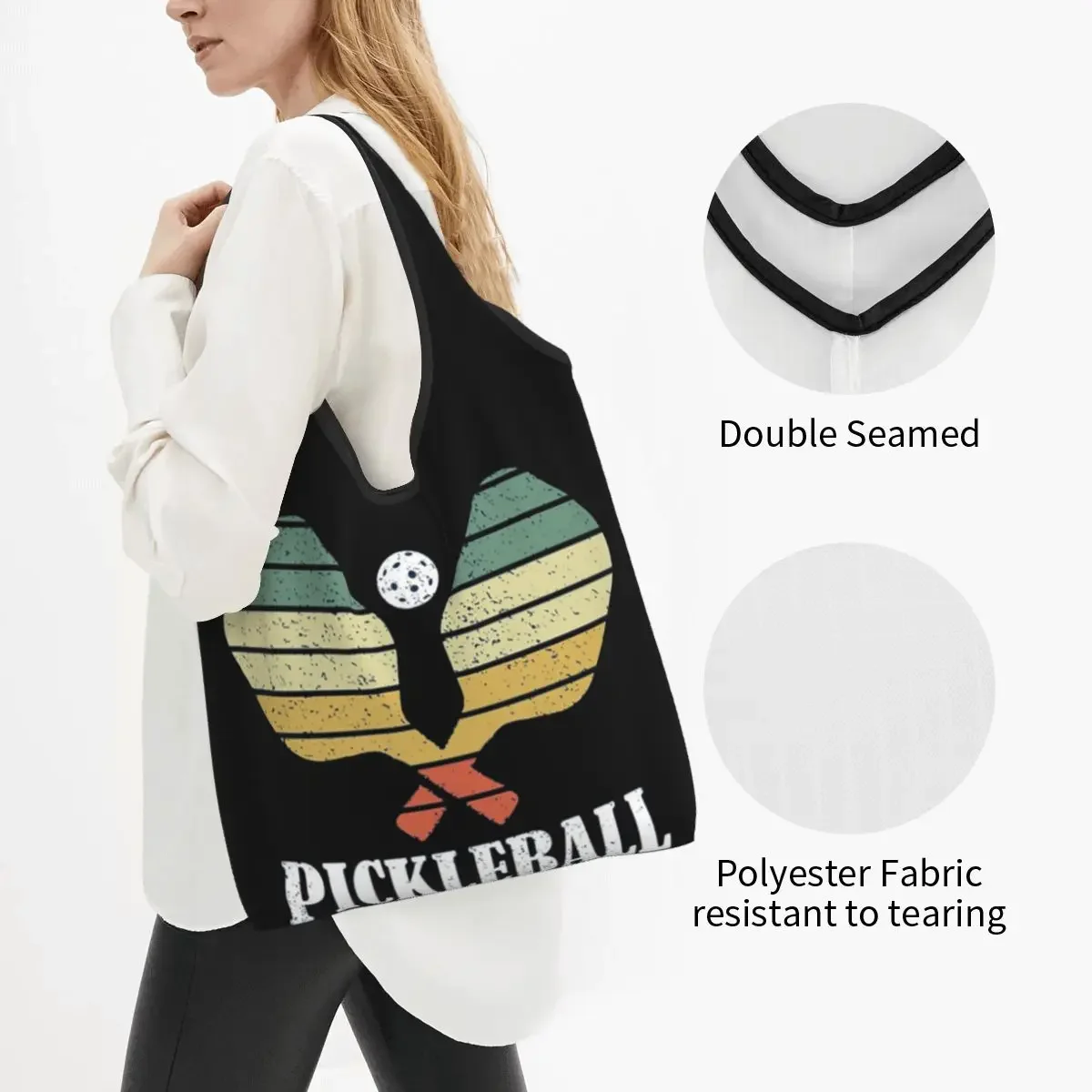 ピックルボールヴィンテージユーズド加工レトロプレーヤーポータブルトートショッピングバッグ再利用可能なショッパーバッグ食料品ハンドバッグショルダーバッグ