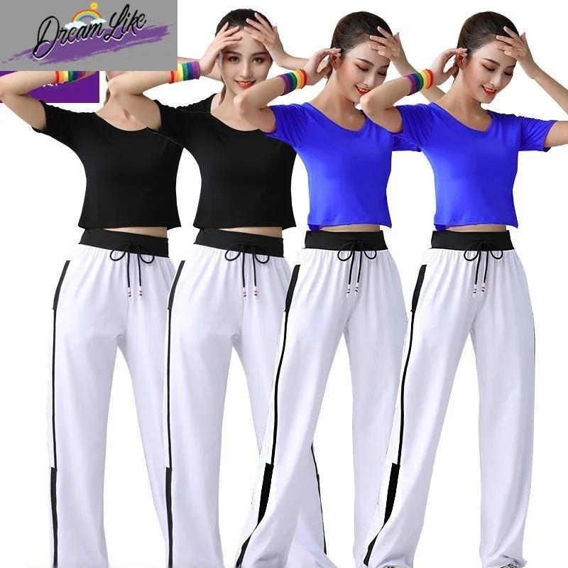 

New Women's Square Dance Outfit Summer ort Sve Fitn Aerobics Qui Dry Sport Pants Dance Costume Set Ethnic Stage Wear