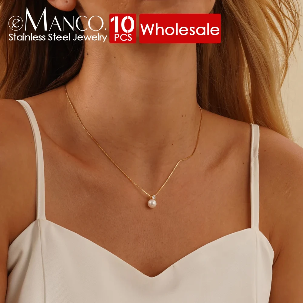 eManco 10PCS Stainless Steel Gold Plated Pearl Pendant Women's Zirconia Necklace Classic Accessories Wholesale