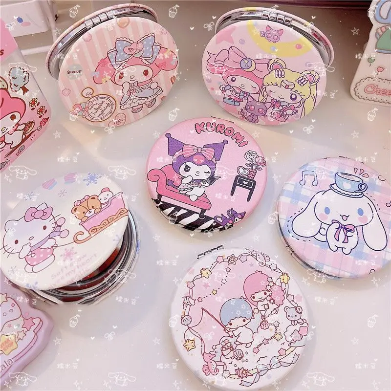 

7CM Sanrios New Kawaii Pu Round Folding Mirror Convenient To Carry Kuromi Mymelody Kitty Pompom Purin Cartoon Makeup Mirror