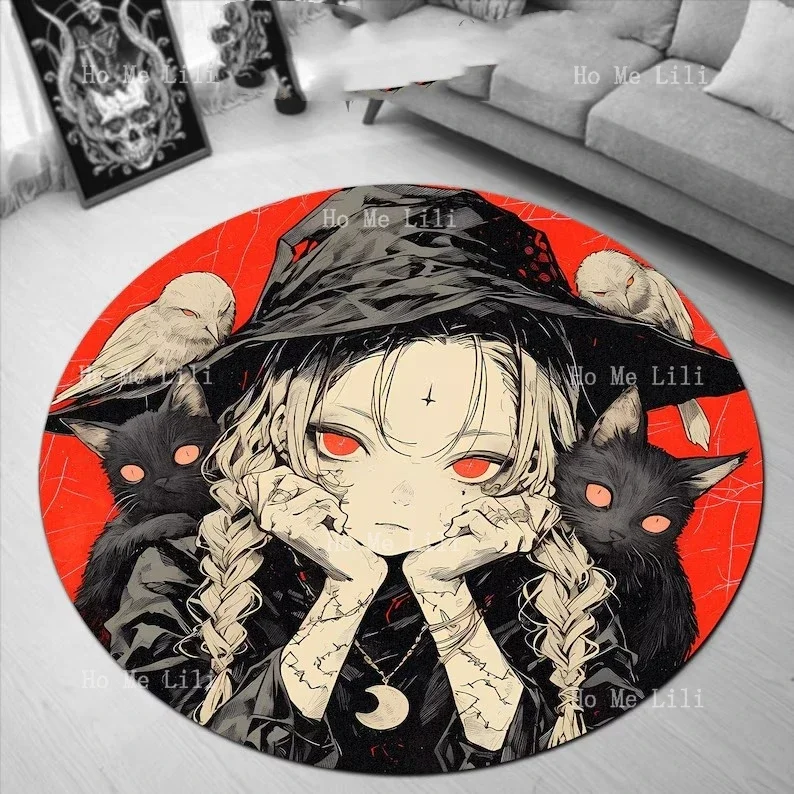 Gothic Anime Witch Round Rug Cute Owls Kitties Anime Manga Rug Witchy Magic Carpet Anime Monster Summoner Round Floor Mat