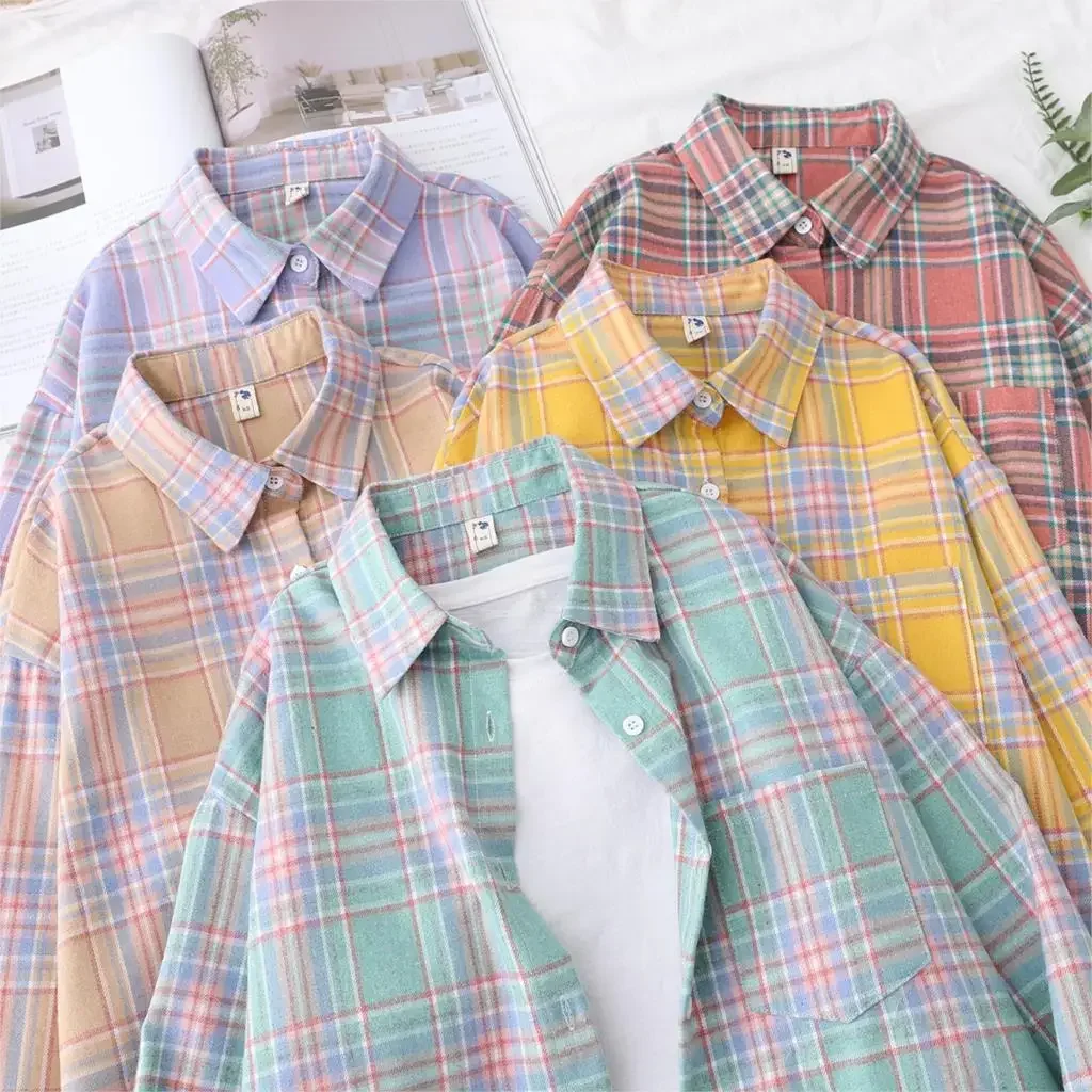 2024 New Fashion Loose Womens Plaid Shirt Fresh College Style Design Blouses And Tops Long Sleeve Casual Female Checked Clothes