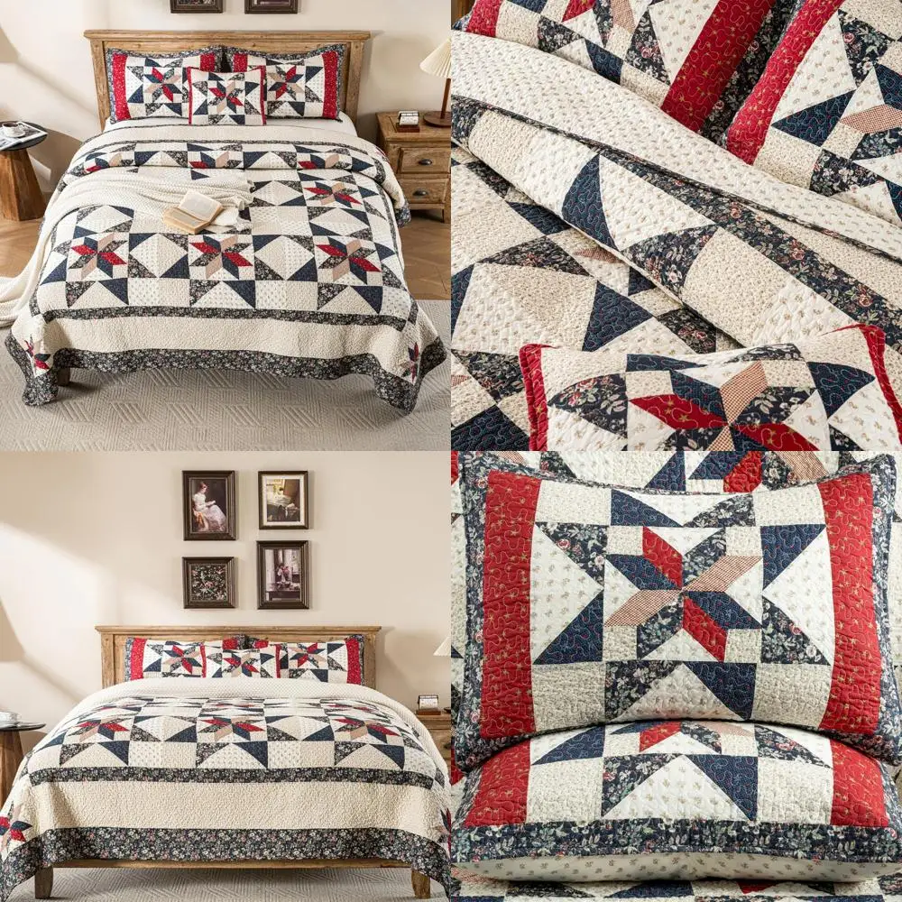 

King Size Star Patchwork Quilt Set in Country Comfort Style, 100% Cotton, Reversible and Breathable with Geometric Pattern, Incl